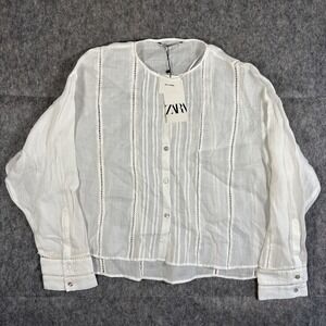 Zara Ramie Passementerie Blouse Women's Large White Sheer Pirate White NWT $70